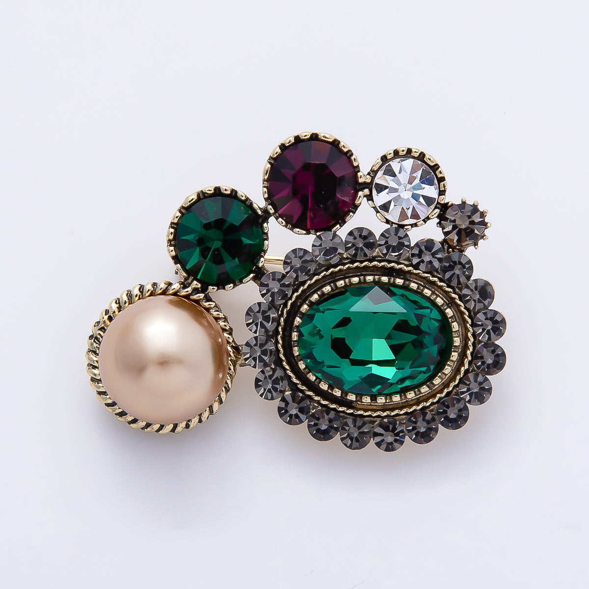 Vintage Gold 39mm Shell Pearl Multicolor Rhinestone Round Oval Pin Brooch | BH-00171