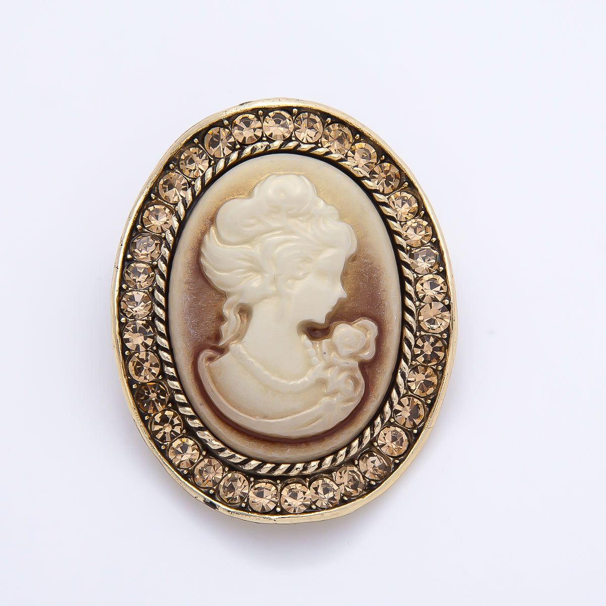 Vintage Gold 41mm Lady Portrait Cameo Peach Champagne Rhinestone Oval Pin Brooch | BH-00172