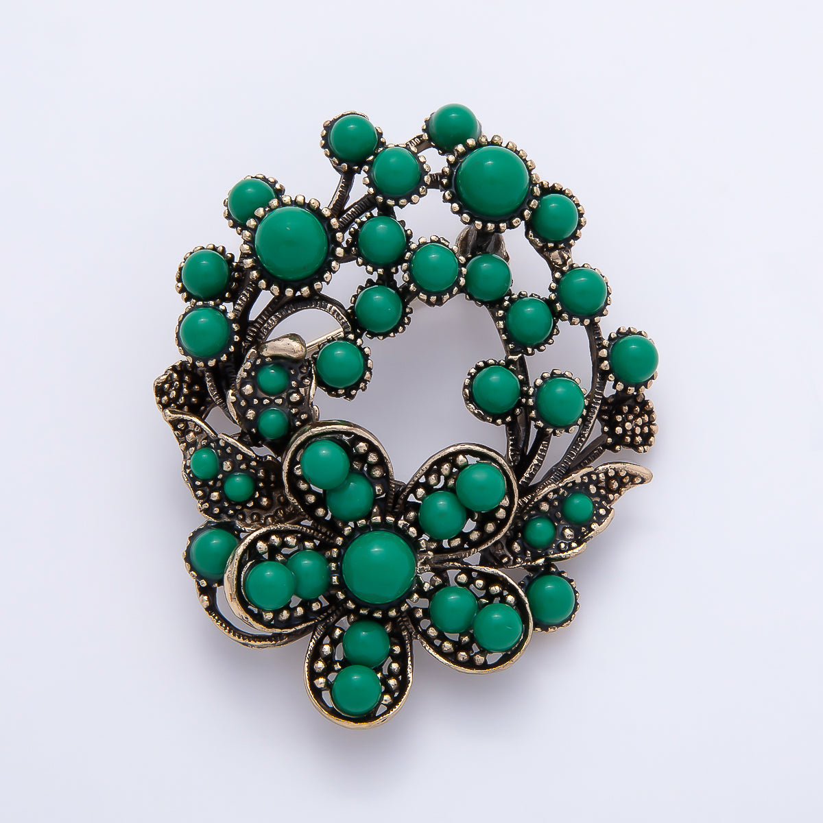 Vintage Gold 48mm Green Aventurine Round Dotted Flower Pin Brooch | BH-00176