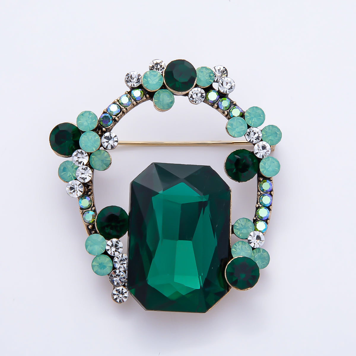 Vintage Gold 45mm Green Rhinestone Cluster Open Oval Pin Brooch | BH-00185