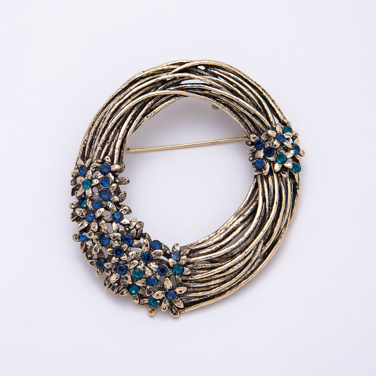 Vintage Gold 55mm Blue, Pink Rhinestone Cluster Linear Woven Wreath Flower Pin Brooch | BH-00187 BH-00188