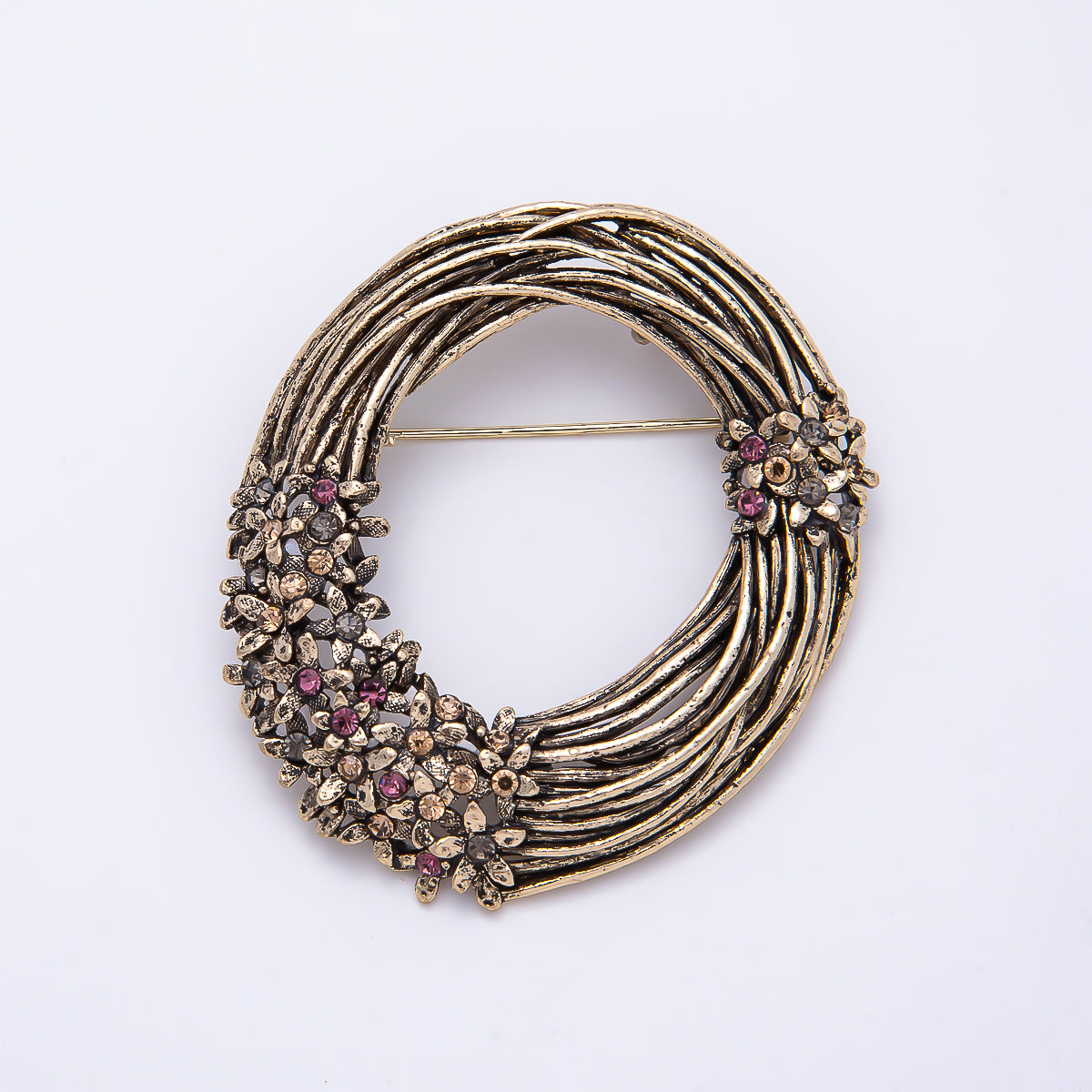 Vintage Gold 55mm Blue, Pink Rhinestone Cluster Linear Woven Wreath Flower Pin Brooch | BH-00187 BH-00188