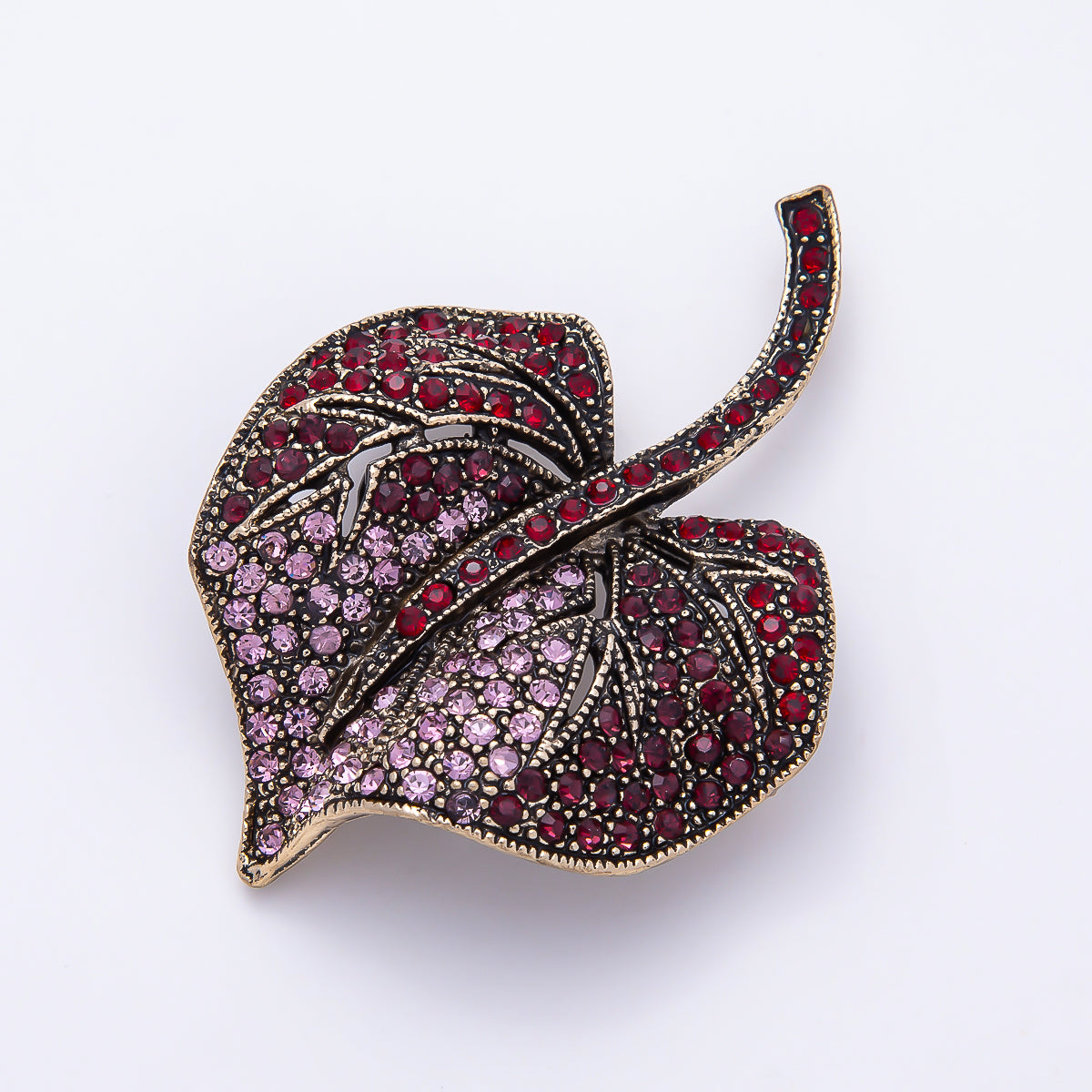 Vintage Gold 55mm Red Pink Micro Paved Rhinestone Leaf Pin Brooch | BH-00191