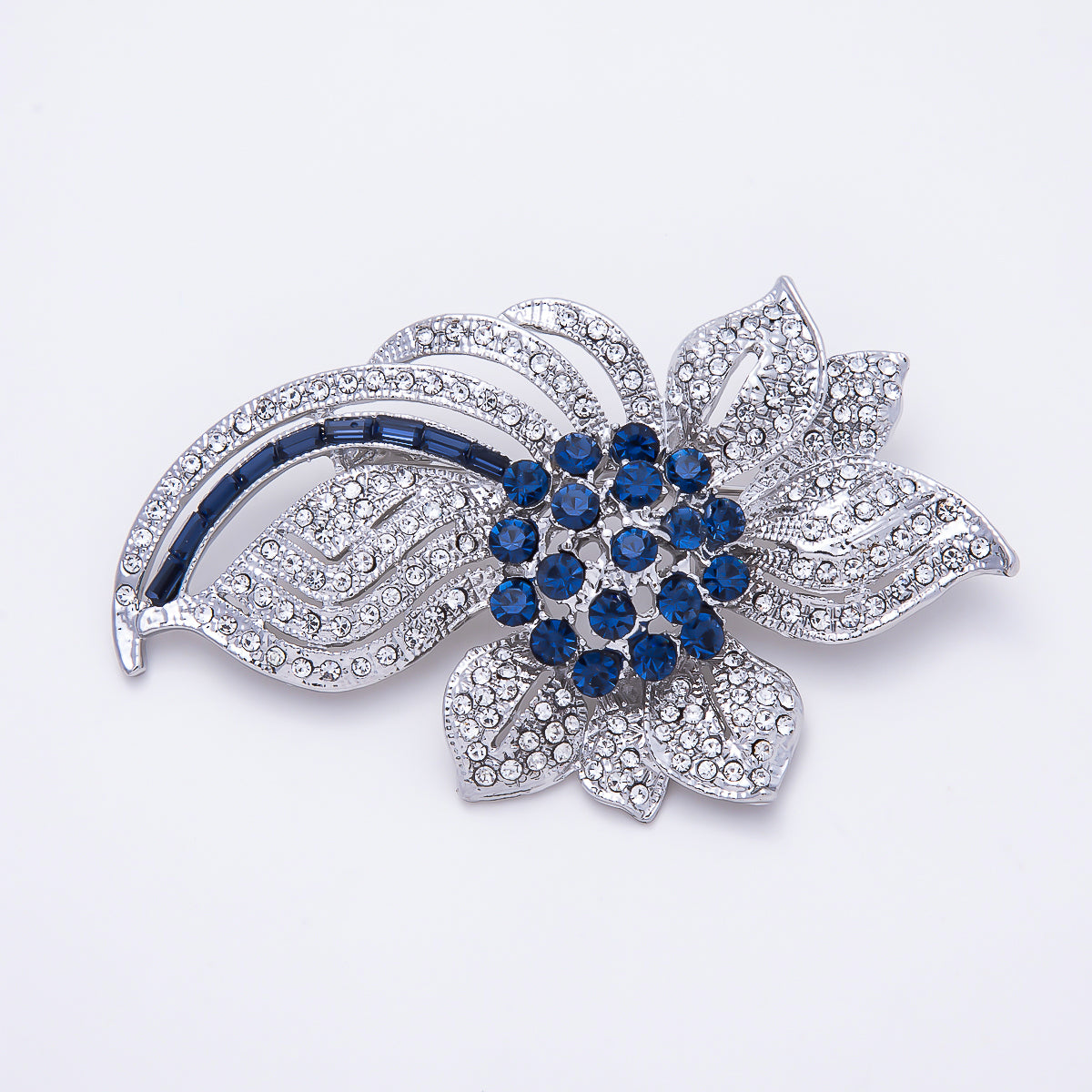 Silver 75mm Blue Clear Rhinestone Curved Geometric Flower Pin Brooch | BH-00193