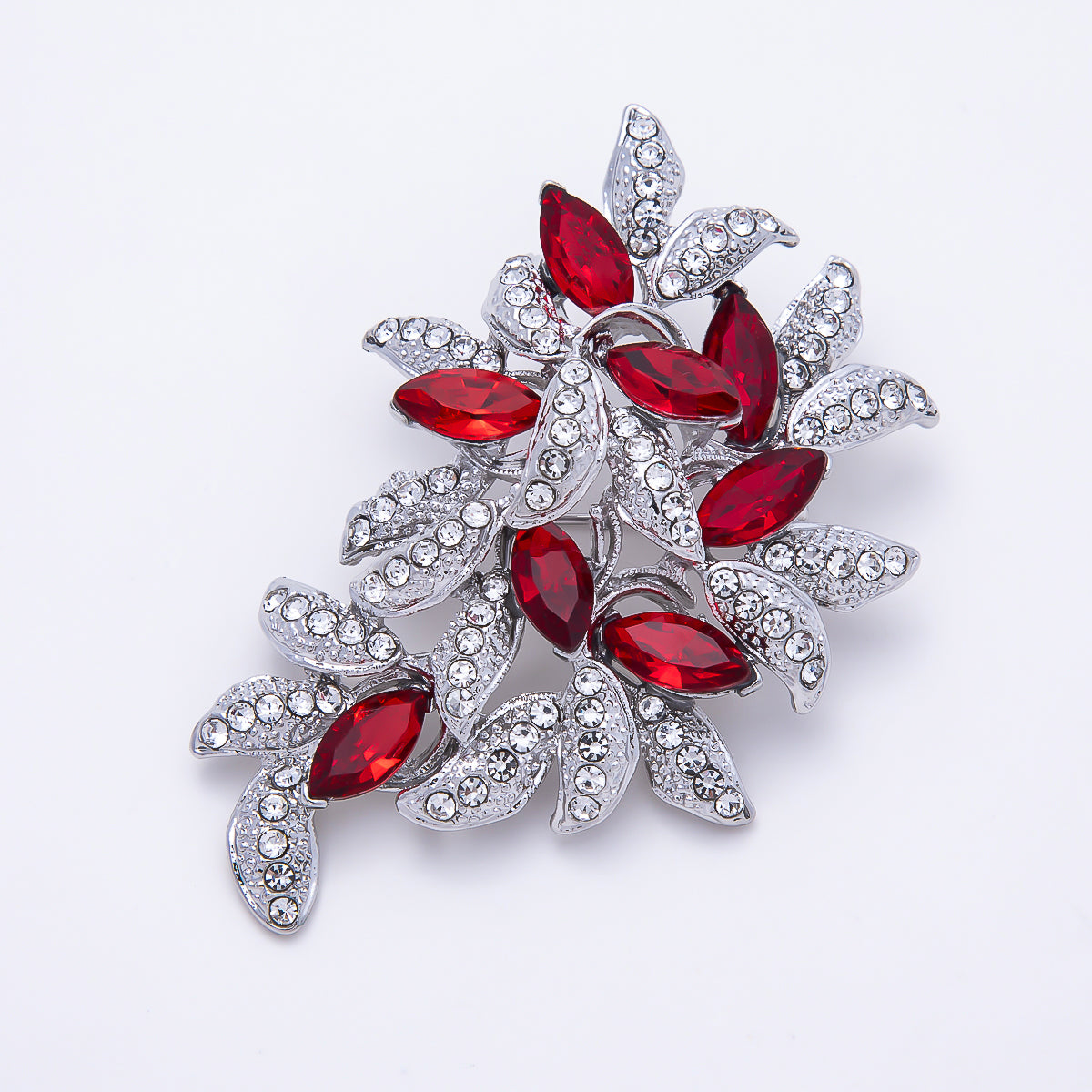 Silver 48mm Red Marquise Clear Micro Paved Rhinestone Leaf Floral Pin Brooch | BH-00194
