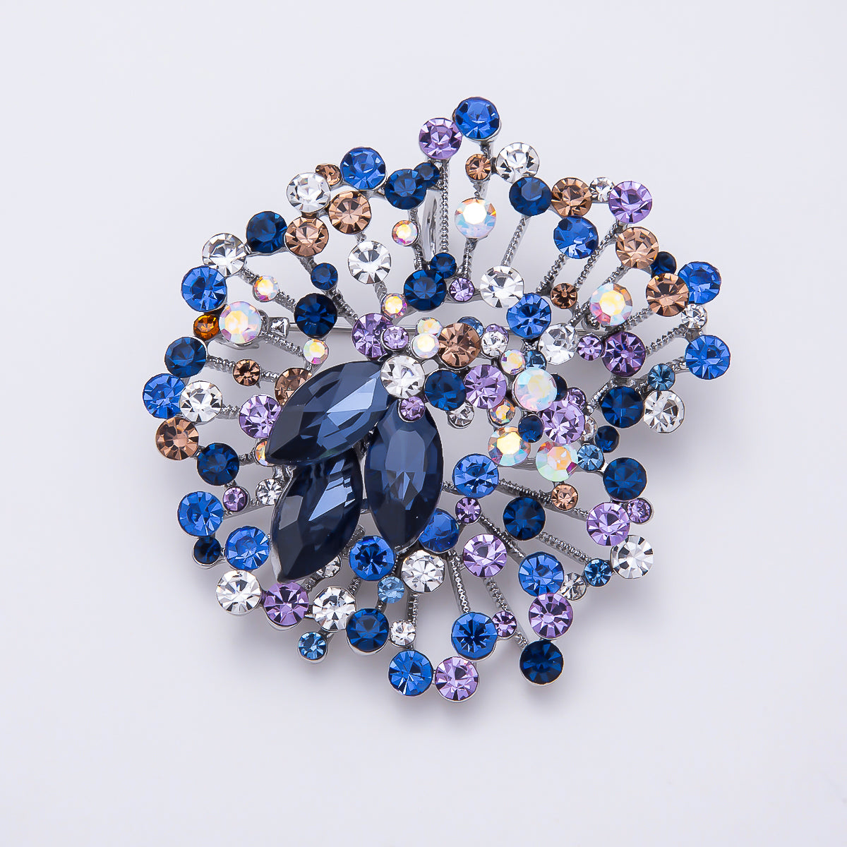 Silver 50mm Blue Multicolor Rhinestone Cluster Wire Flower Pin Brooch | BH-00195