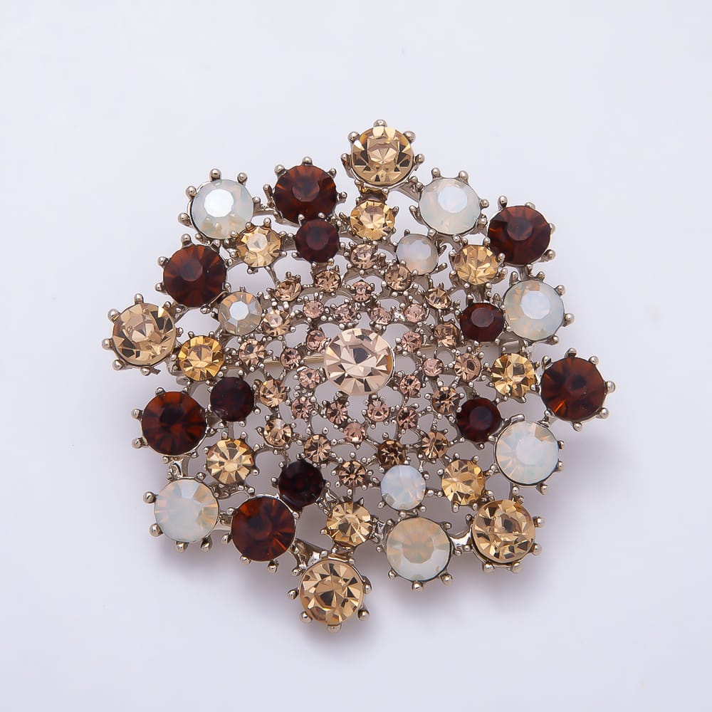 Vintage Gold 55mm Brown, Green, Blue Rhinestone Spiral Flower Pin Brooch | BH-00198 ~ BH-00201