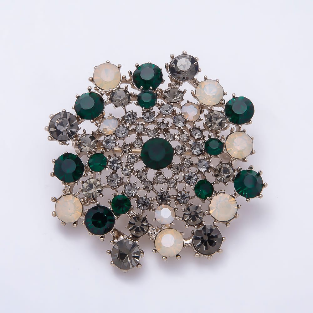 Vintage Gold 55mm Brown, Green, Blue Rhinestone Spiral Flower Pin Brooch | BH-00198 ~ BH-00201