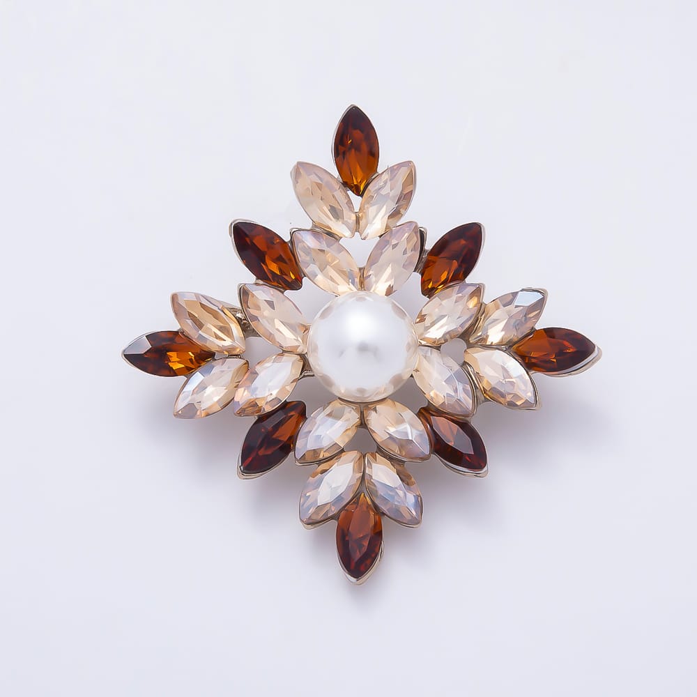 Silver 51mm Brown, Clear, Purple, Blue Rhinestone Shell Pearl Starburst Flower Pin Brooch | BH-00202 ~ BH-00205