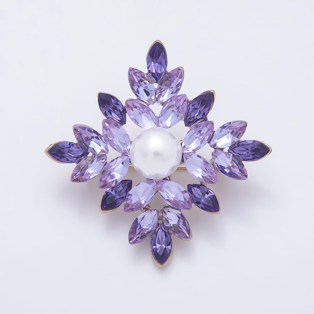 Silver 51mm Brown, Clear, Purple, Blue Rhinestone Shell Pearl Starburst Flower Pin Brooch | BH-00202 ~ BH-00205