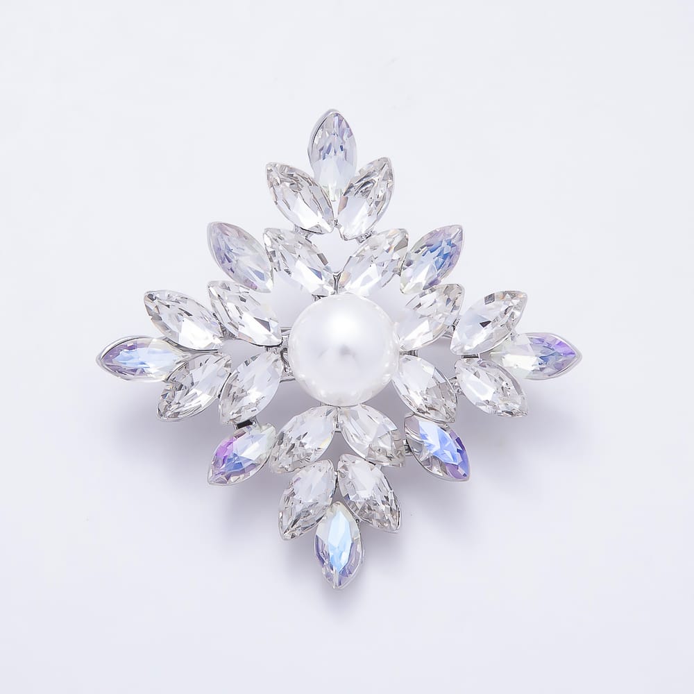 Silver 51mm Brown, Clear, Purple, Blue Rhinestone Shell Pearl Starburst Flower Pin Brooch | BH-00202 ~ BH-00205
