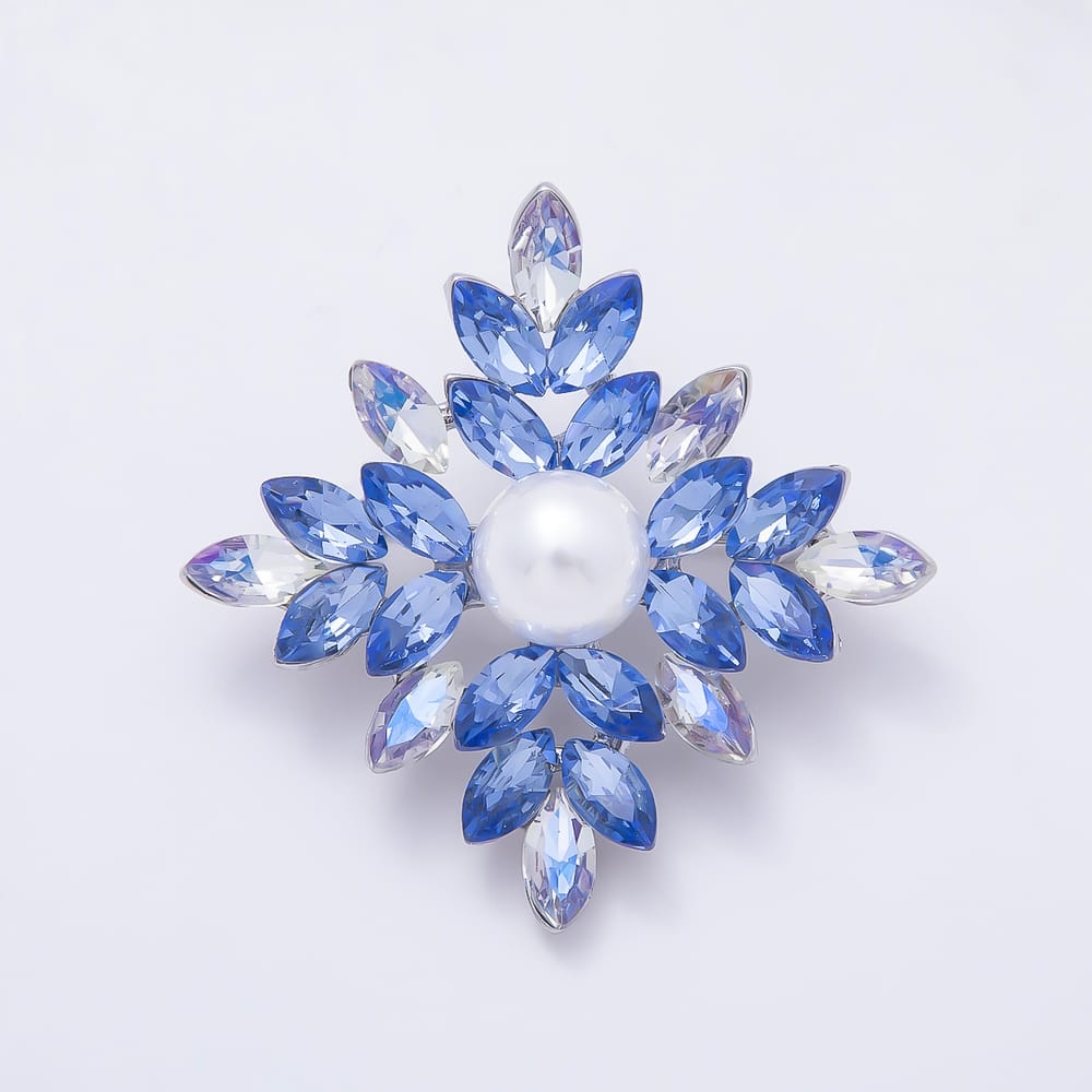 Silver 51mm Brown, Clear, Purple, Blue Rhinestone Shell Pearl Starburst Flower Pin Brooch | BH-00202 ~ BH-00205