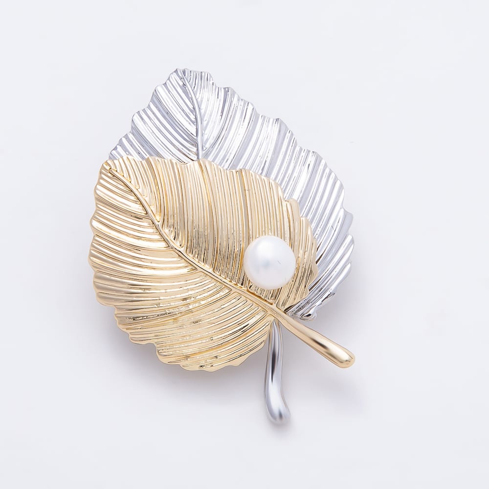 Mixed Metal Shell Pearl Lined Ribbed Leaf Pin Brooch | BH-00206