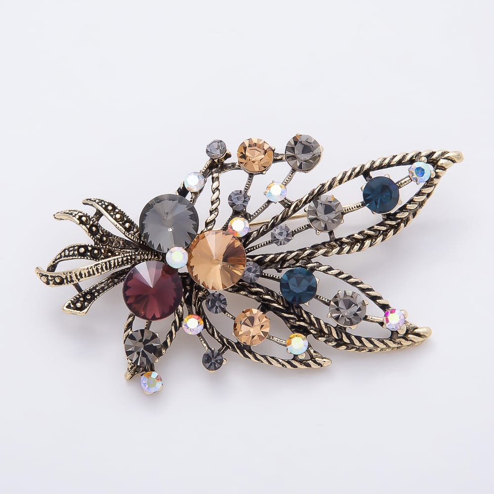 Vintage Gold 47mm Multicolor Rhinestone Cluster Open Geometric Flower Pin Brooch | BH-00207