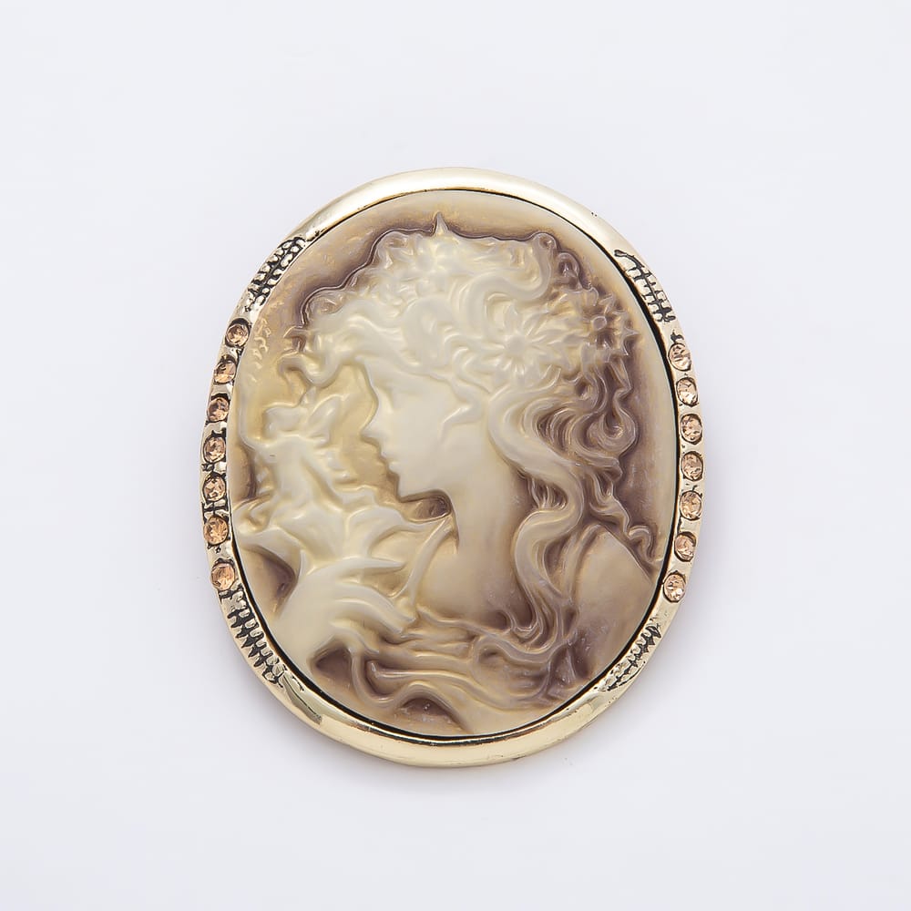 Vintage Gold Champagne Rhinestone Women Cameo Portrait Oval Pin Brooch | BH-00208