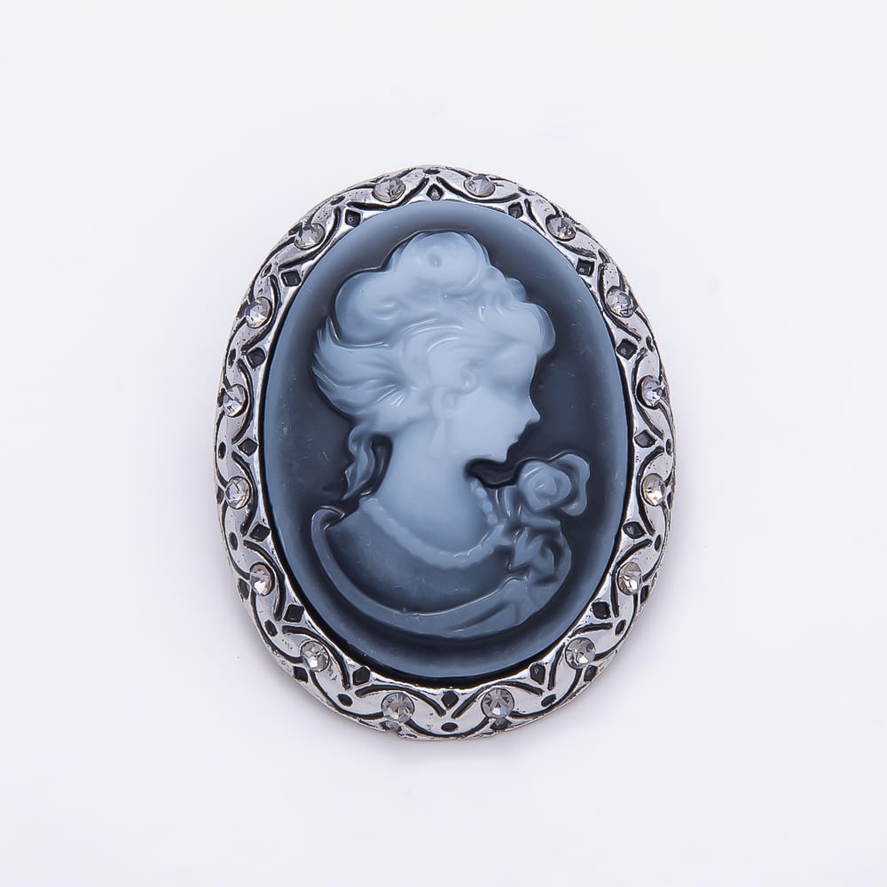 Silver Rhinestone Women Cameo Portrait Blue Oval Pin Brooch | BH-00209