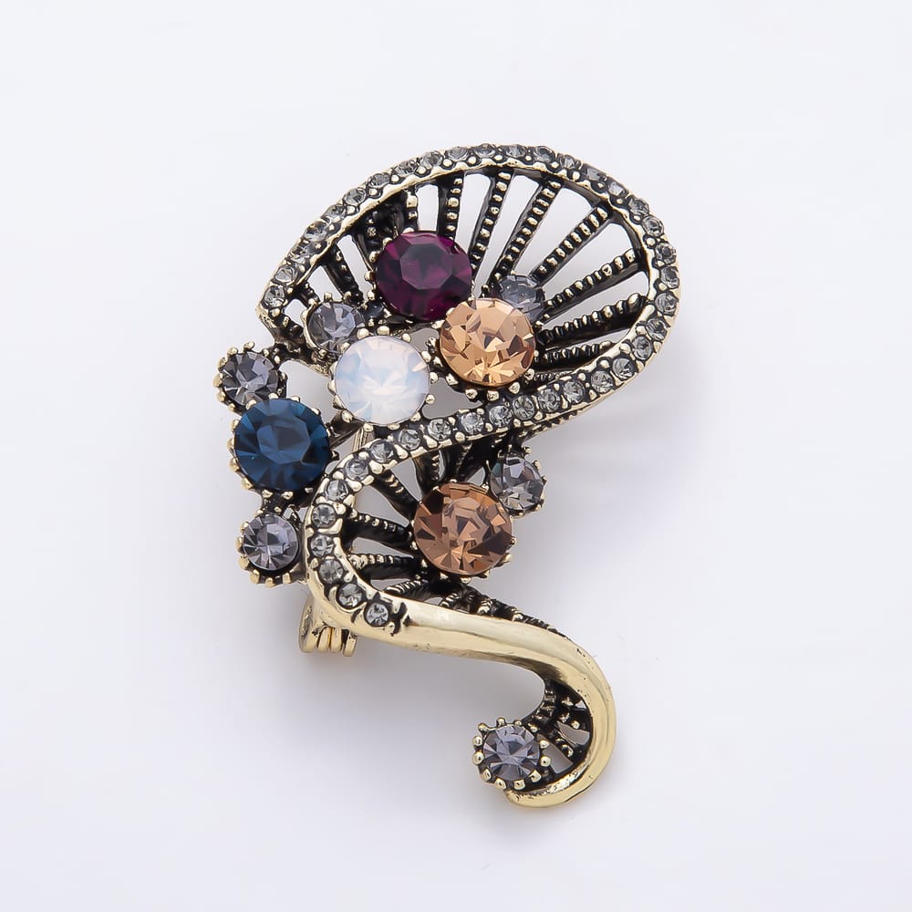 Gold, Silver Multicolor Rhinestone Cluster Curved Bar Open Geometric Pin Brooch | BH-00210
