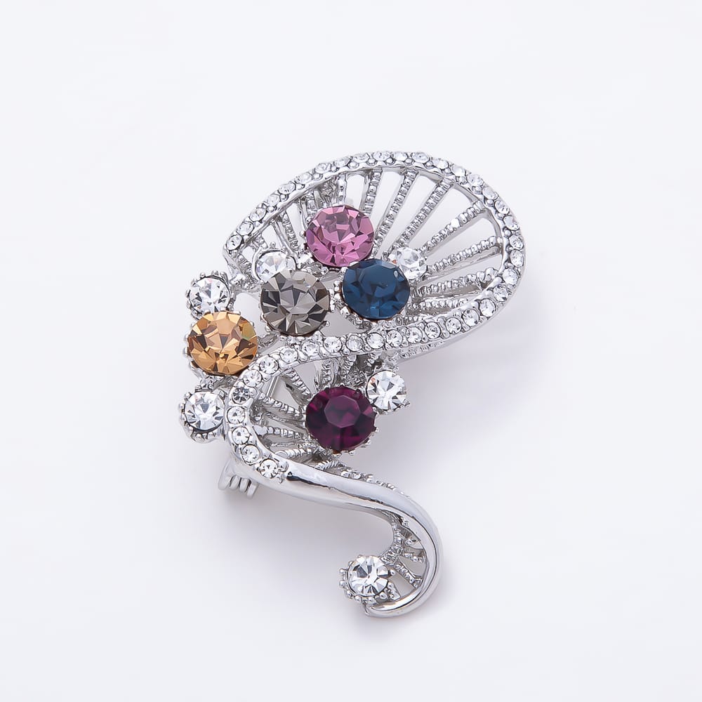 Gold, Silver Multicolor Rhinestone Cluster Curved Bar Open Geometric Pin Brooch | BH-00210