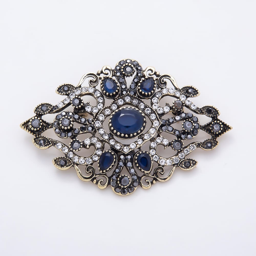 Vintage Gold 45mm Blue, Red, Green Rhinestone Oval Filigree Statement Pin Brooch | BH-00212