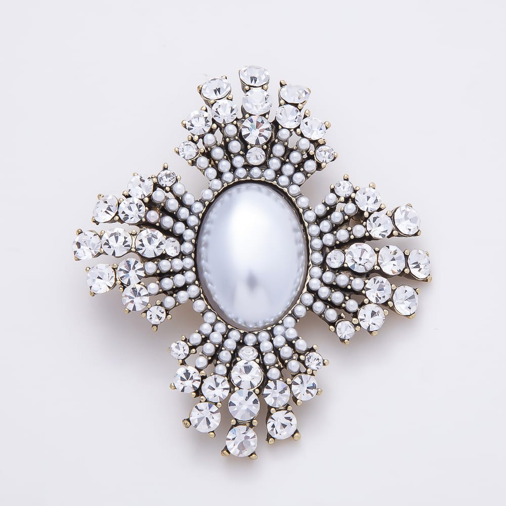 Vintage Gold Clear Rhinestone Round Shell Pearl Cabochon Sunburst Pin Brooch | BH-00213