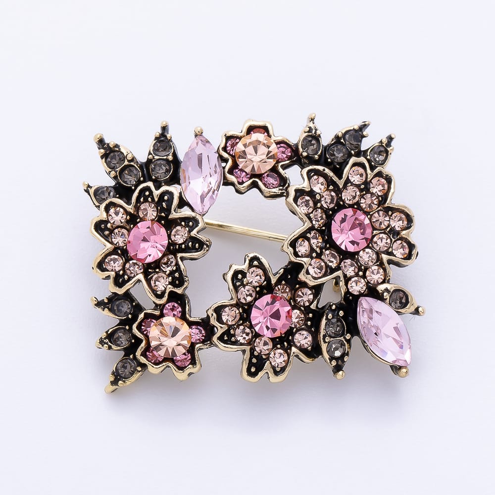 Vintage Gold Pink, Green Rhinestone Cluster Flower Rectangle Pin Brooch | BH-00219 BH-00220