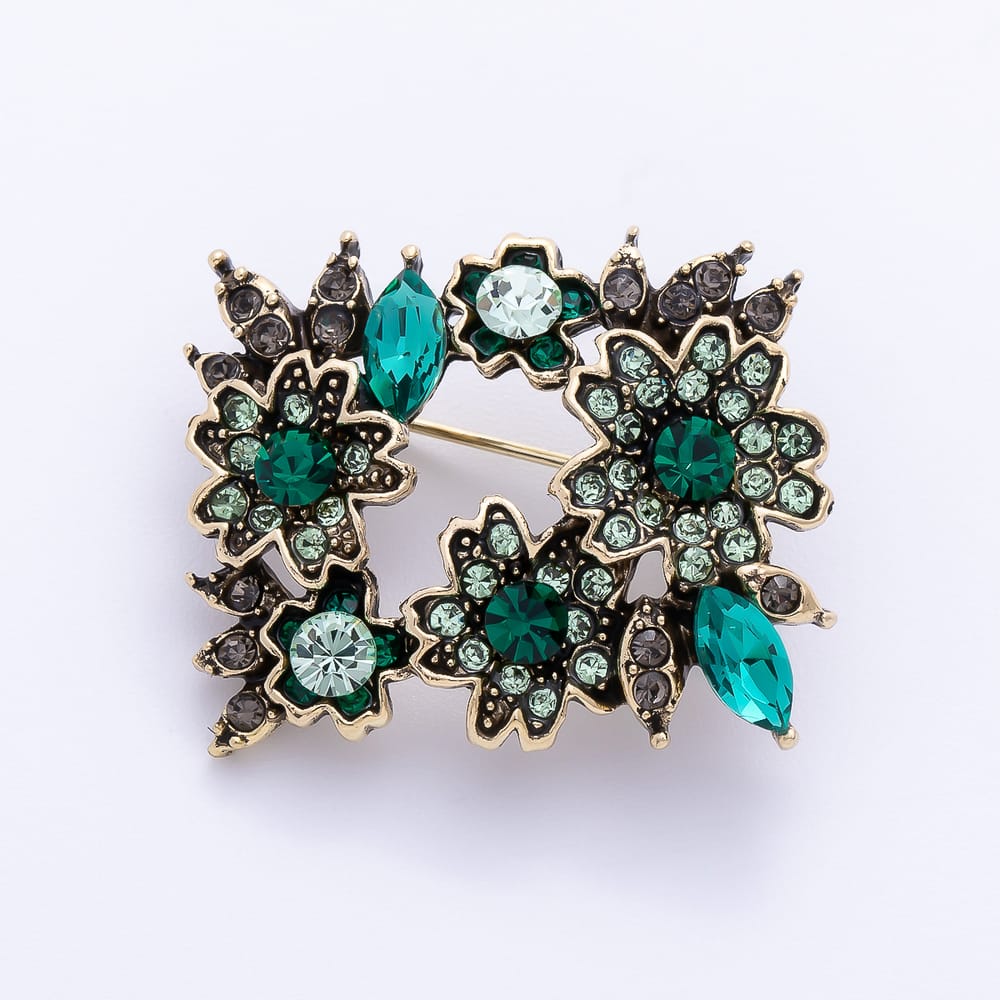 Vintage Gold Pink, Green Rhinestone Cluster Flower Rectangle Pin Brooch | BH-00219 BH-00220