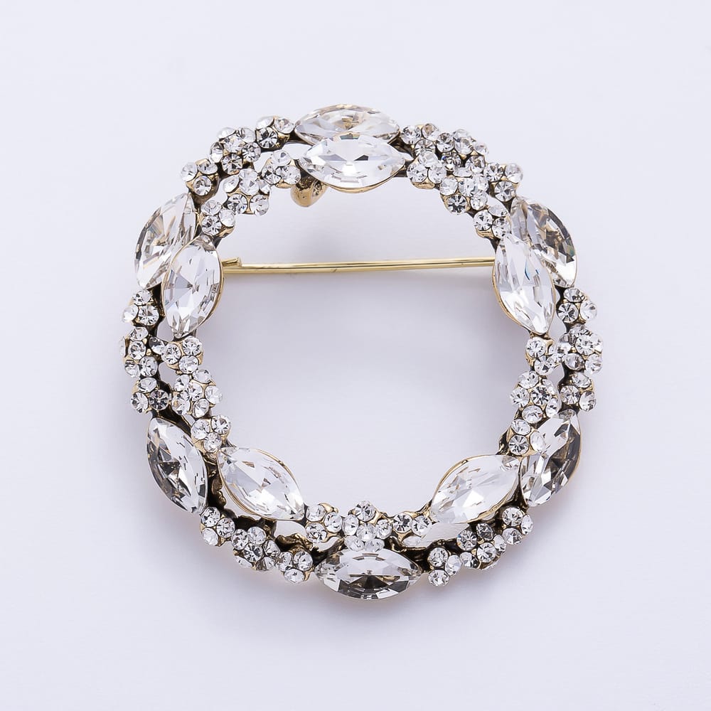 Vintage Gold Clear, Blue Marquise Rhinestone Leaf Flower Wreath Round Pin Brooch | BH-00221 BH-00222