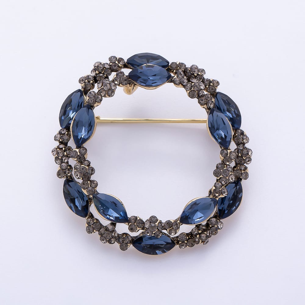 Vintage Gold Clear, Blue Marquise Rhinestone Leaf Flower Wreath Round Pin Brooch | BH-00221 BH-00222