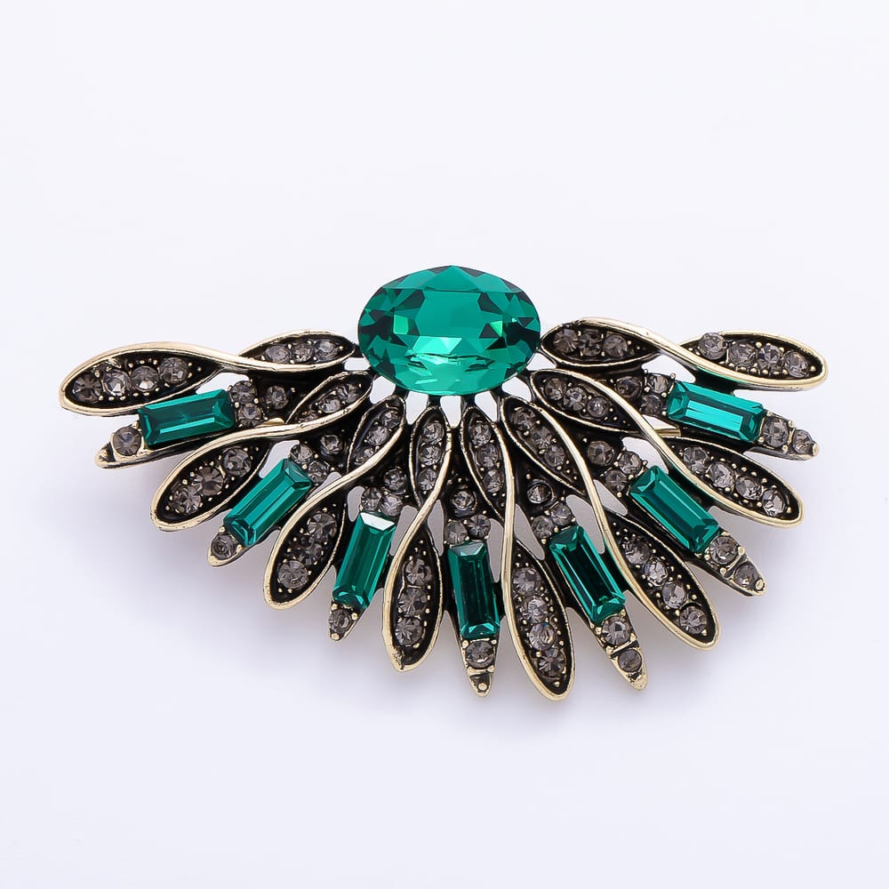 Vintage Gold Green, Blue Rhinestone Geometric Feather Fan Pin Brooch | BH-00224 BH-00225