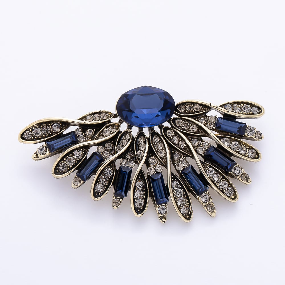 Vintage Gold Green, Blue Rhinestone Geometric Feather Fan Pin Brooch | BH-00224 BH-00225