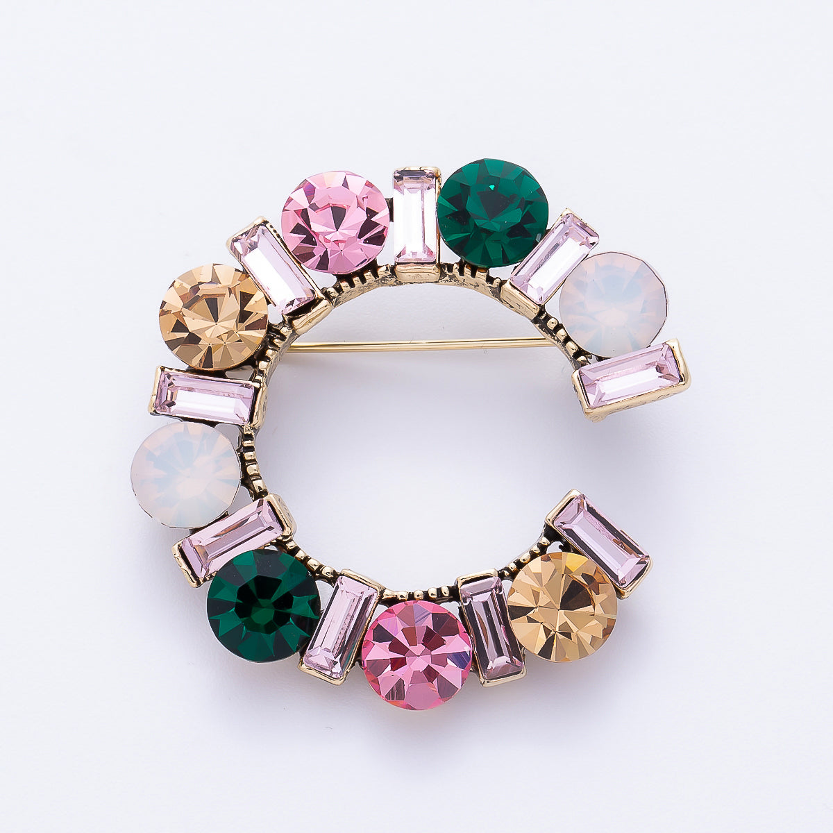 Vintage Gold Multicolor Rhinestone Baguette Round Crystal Circular Pin Brooch | BH-00226