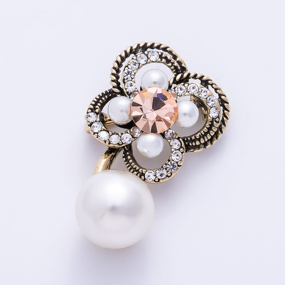 Vintage Gold 30mm White, Black Pearl Rhinestone Open Flower Drop Pin Brooch | BH-00227 BH-00228