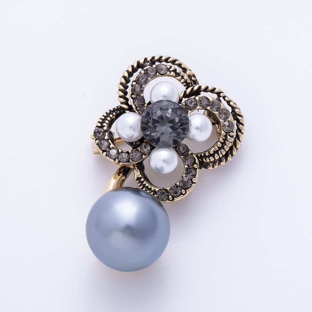 Vintage Gold 30mm White, Black Pearl Rhinestone Open Flower Drop Pin Brooch | BH-00227 BH-00228