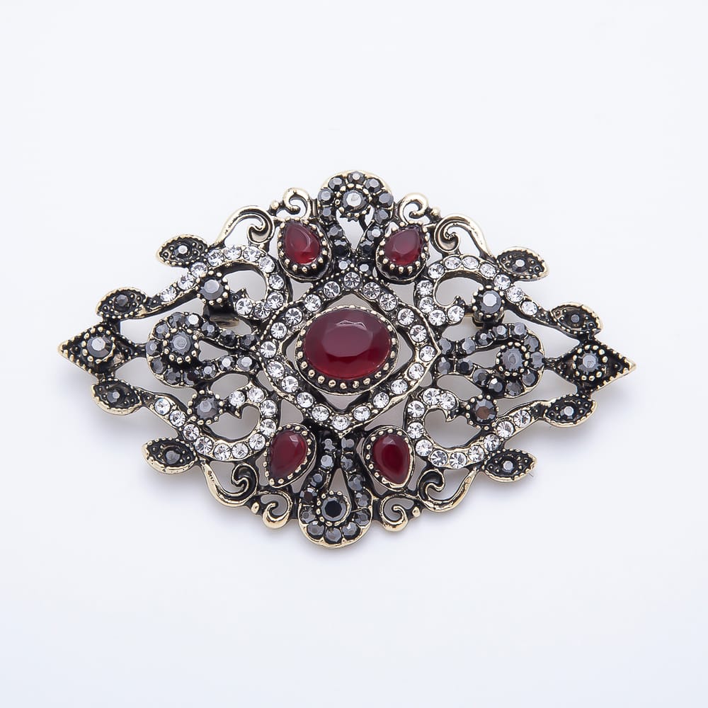 Vintage Gold 45mm Blue, Red, Green Rhinestone Oval Filigree Statement Pin Brooch | BH-00212