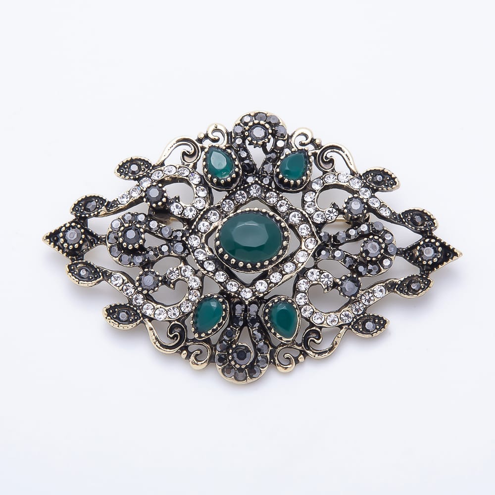 Vintage Gold 45mm Blue, Red, Green Rhinestone Oval Filigree Statement Pin Brooch | BH-00212