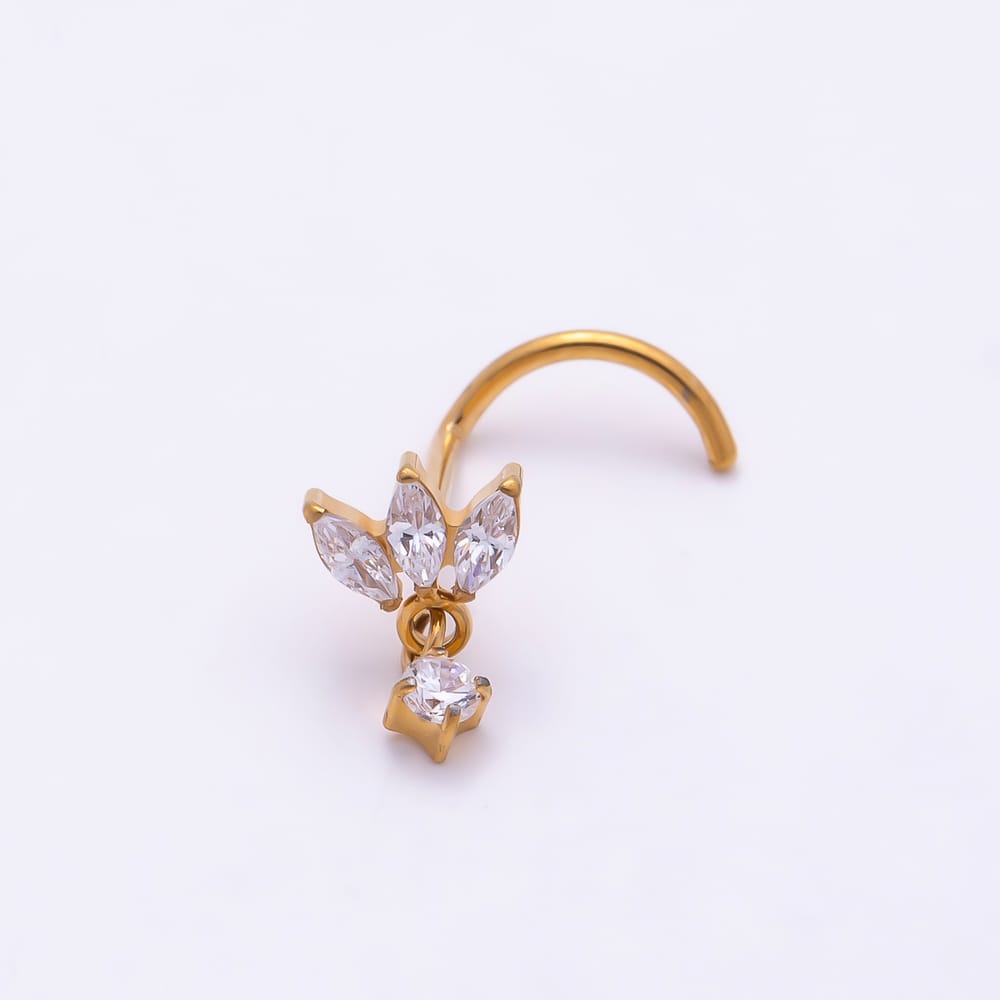 Titanium 9mm Clear CZ Marquise Round Drop Cartilage Nose Single Piercing Stud in Gold & Silver | BJ-00249 BJ-00250
