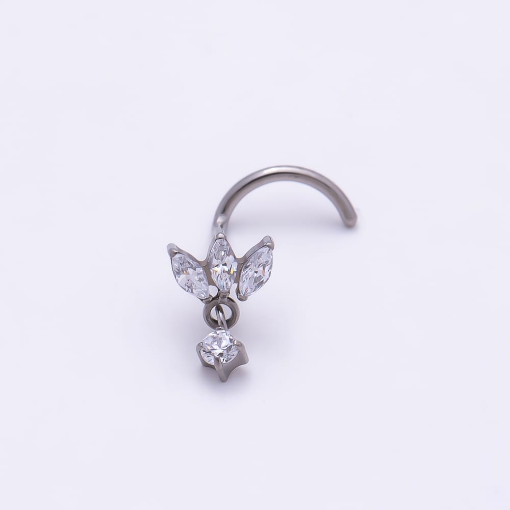 Titanium 9mm Clear CZ Marquise Round Drop Cartilage Nose Single Piercing Stud in Gold & Silver | BJ-00249 BJ-00250
