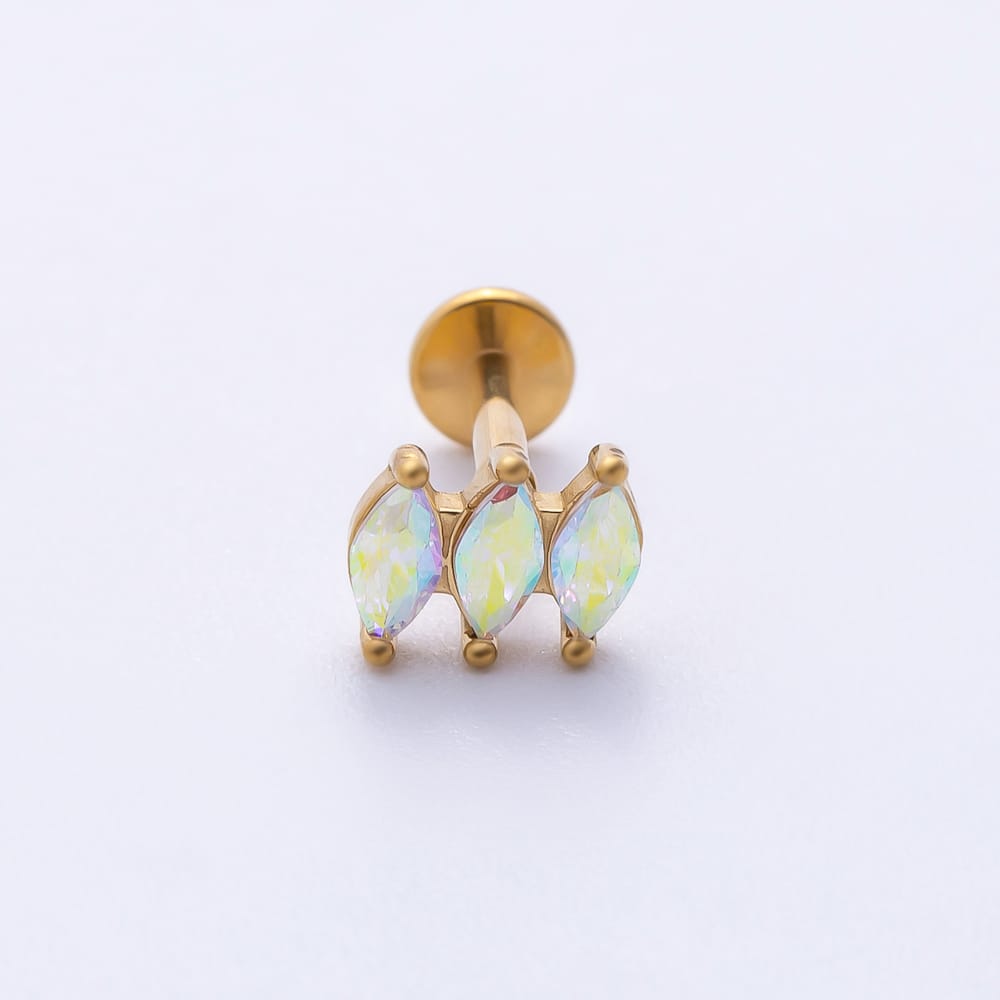 Titanium 5mm Triple White Opal Marquise Cartilage Piercing Flat Back Stud in Gold & Silver | BJ-00255 BJ-00256