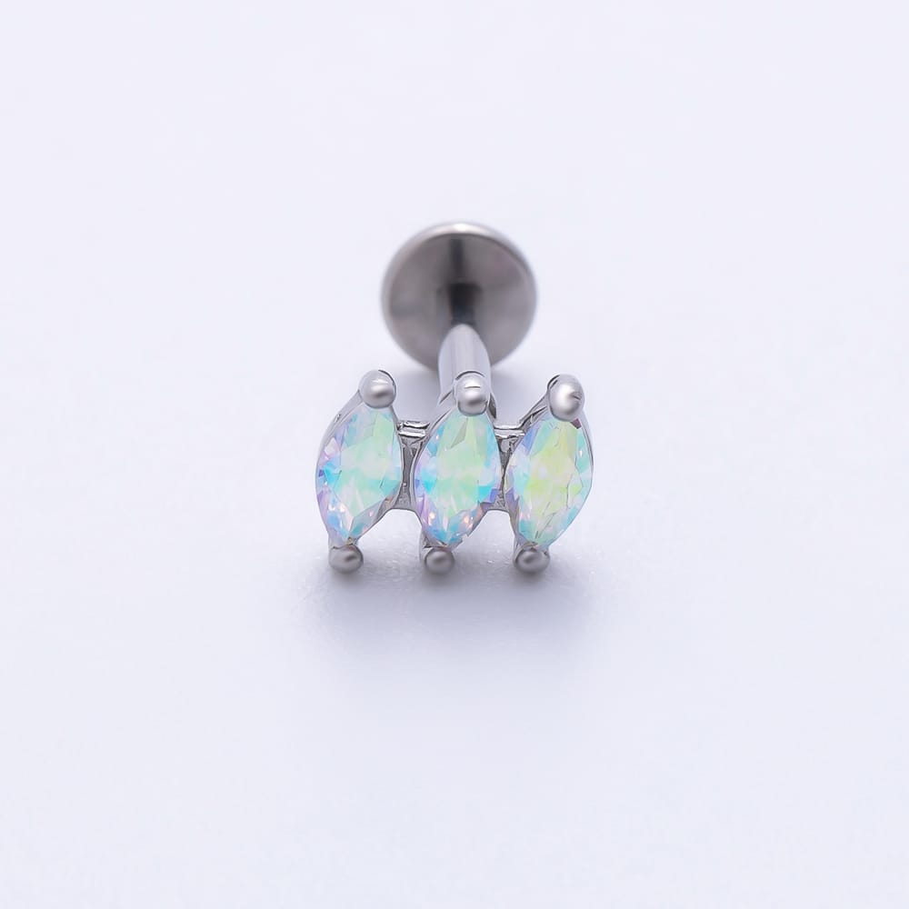 Titanium 5mm Triple White Opal Marquise Cartilage Piercing Flat Back Stud in Gold & Silver | BJ-00255 BJ-00256