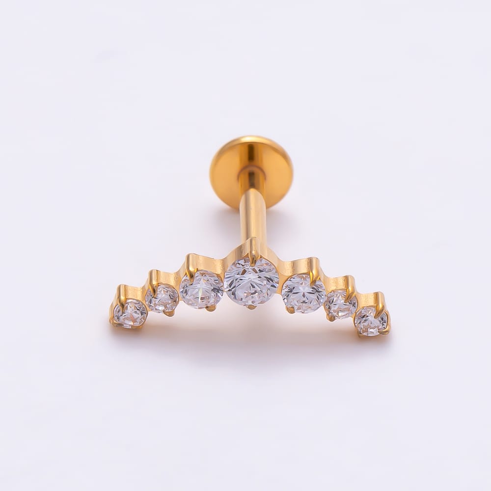 Titanium 13mm Clear Round CZ  Graduated Curved Cartilage Piercing Flat Back Stud in Gold & Silver | BJ-00259 - BJ-00260