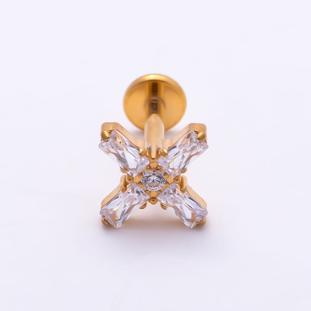 Titanium 9mm Baguette CZ Cross Cartilage Piercing Flat Back Stud in Gold & Silver | BJ-00269 BJ-00270