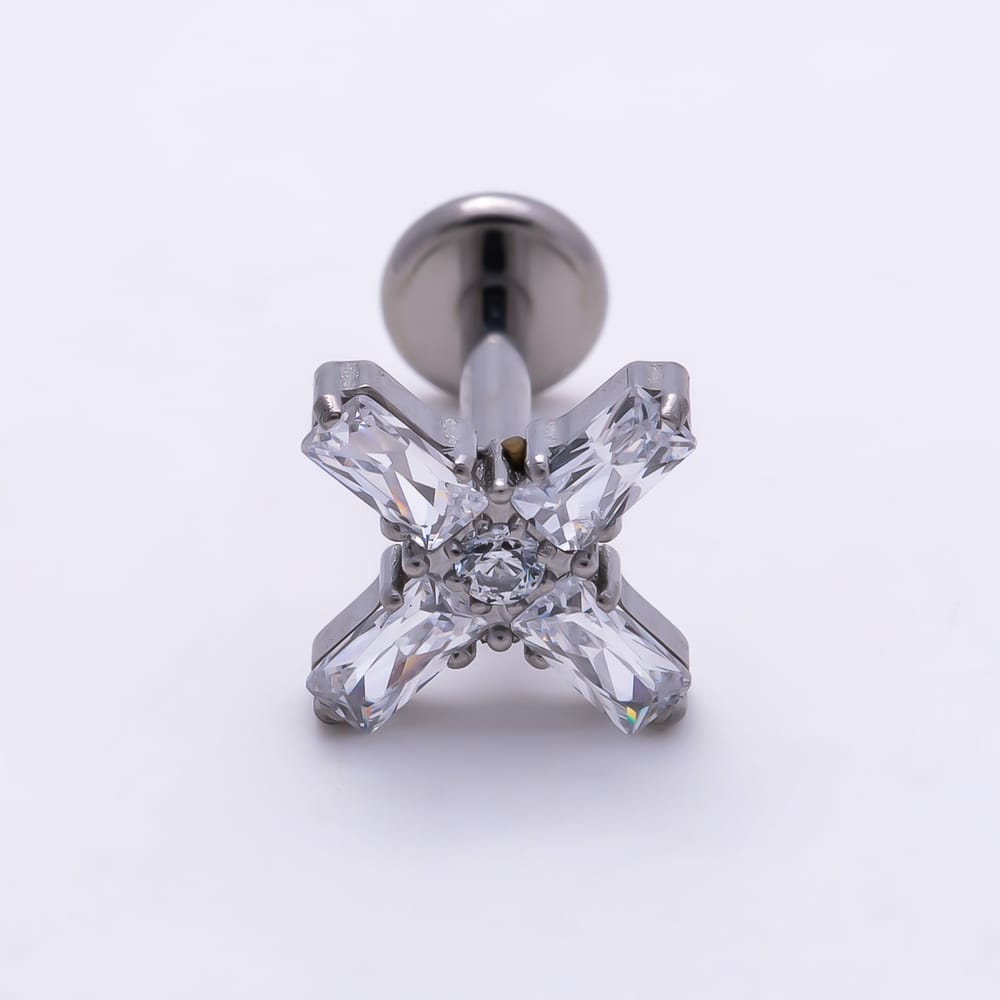 Titanium 9mm Baguette CZ Cross Cartilage Piercing Flat Back Stud in Gold & Silver | BJ-00269 BJ-00270