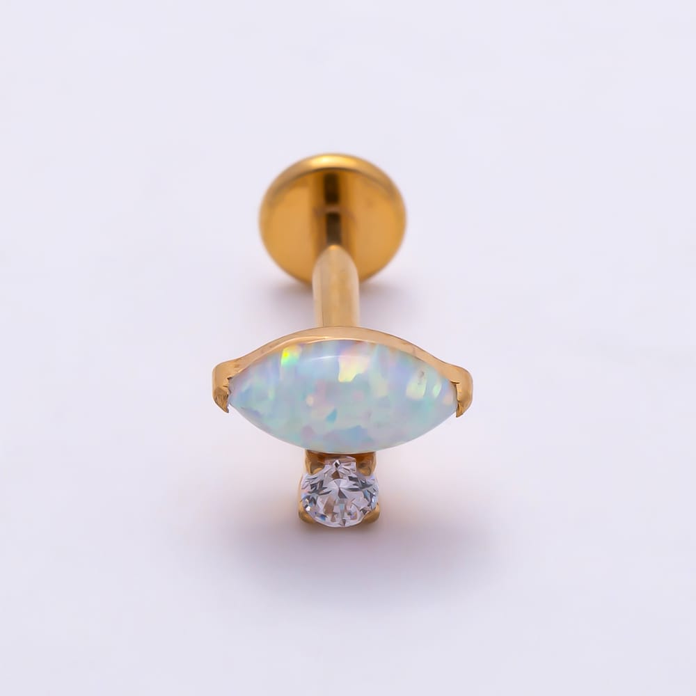Titanium 5mm White Opal Marquise CZ Cartilage Piercing Flat Back Stud in Gold & Silver | BJ-00271 BJ-00272