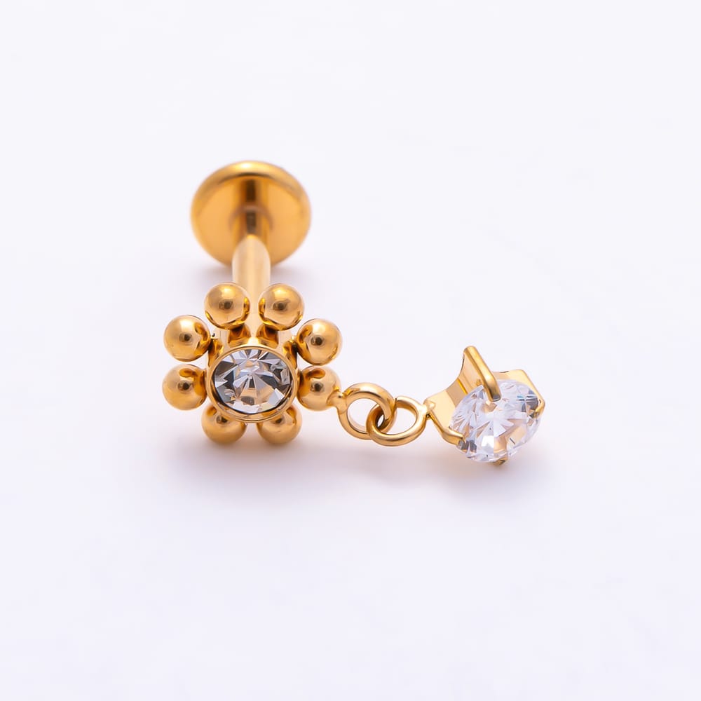 Titanium 12mm Clear CZ Round Bead Flower Drop Cartilage Piercing Flat Back Stud in Gold & Silver | BJ-00275 BJ-00276