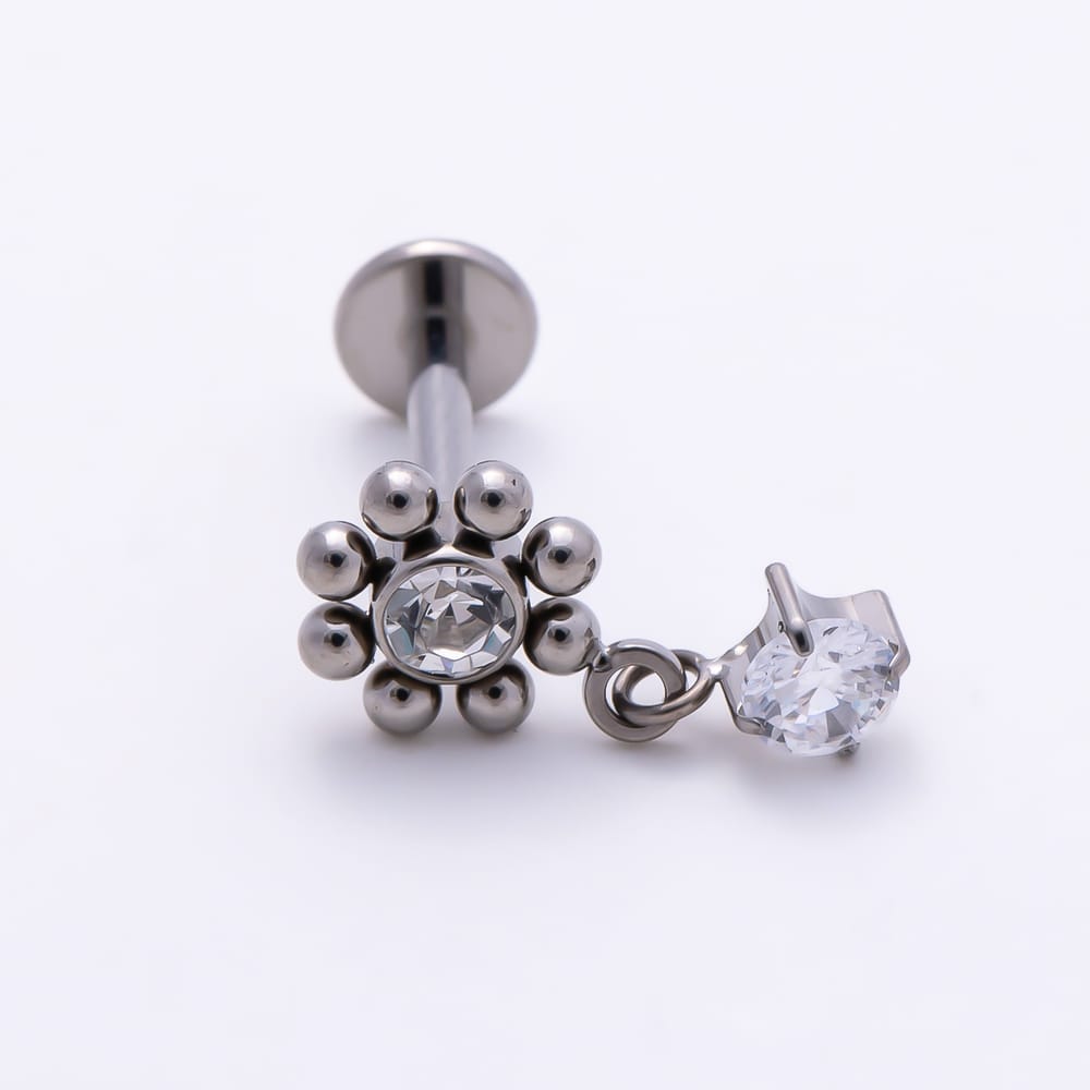 Titanium 12mm Clear CZ Round Bead Flower Drop Cartilage Piercing Flat Back Stud in Gold & Silver | BJ-00275 BJ-00276