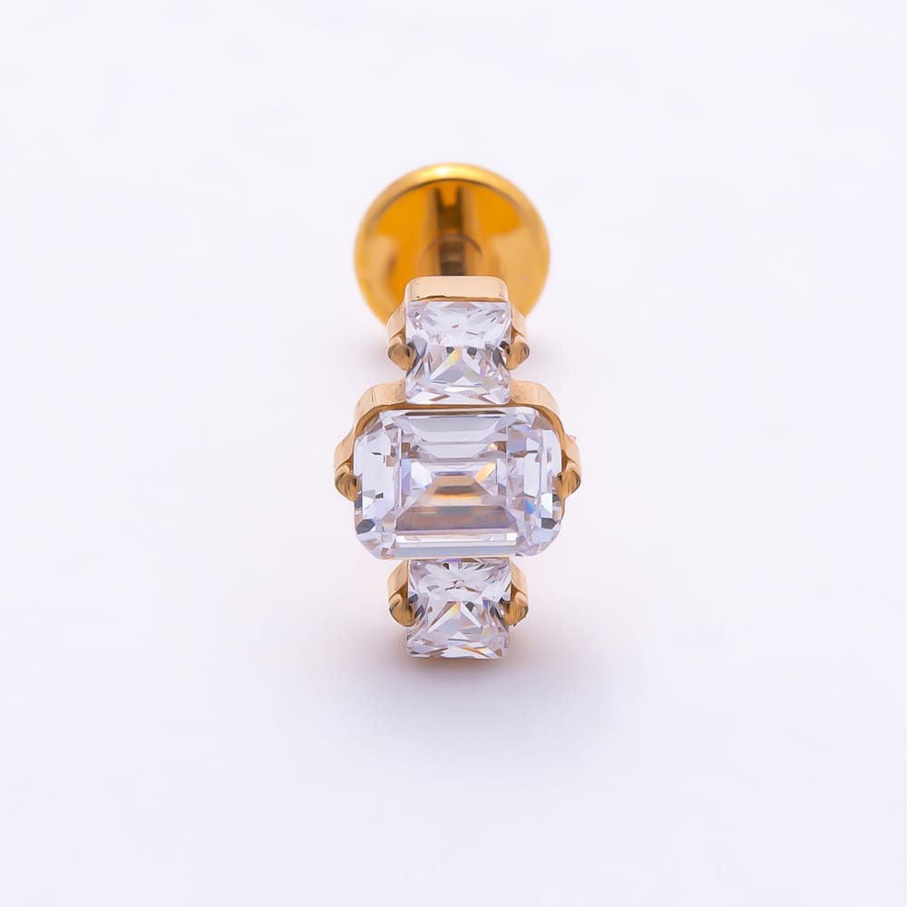 Titanium 7mm Clear CZ Triple Baguette Cartilage Piercing Flat Back Stud in Gold & Silver | BJ-00277 BJ-00278