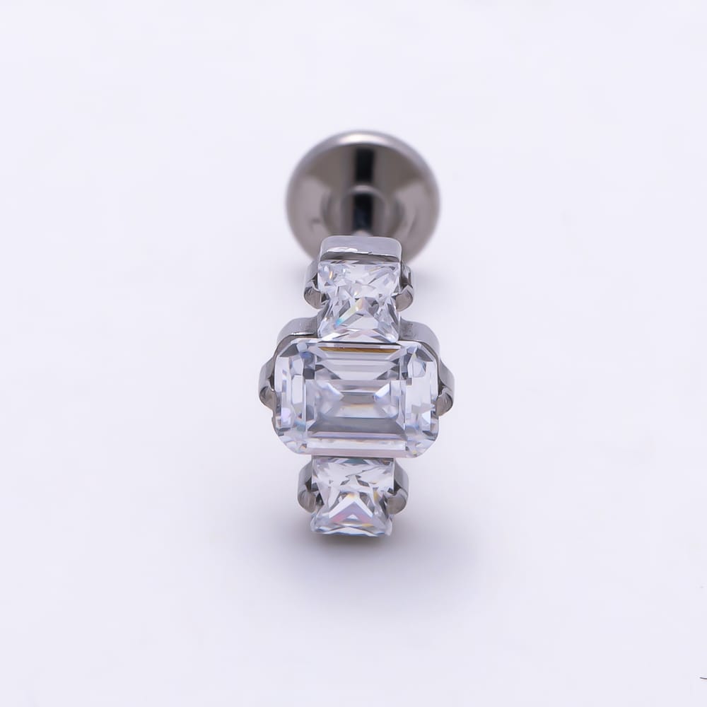 Titanium 7mm Clear CZ Triple Baguette Cartilage Piercing Flat Back Stud in Gold & Silver | BJ-00277 BJ-00278