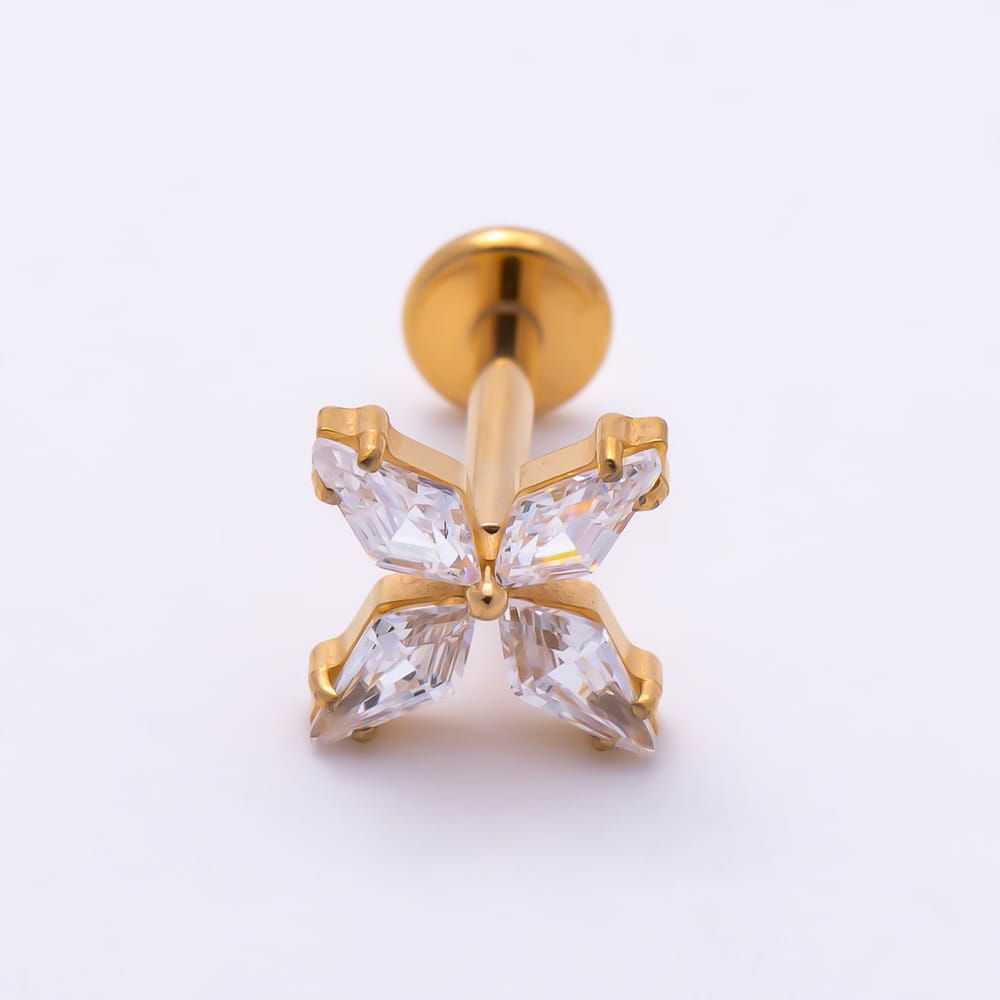 Titanium 9mm Clear Edged Marquise CZ Star Flower Cartilage Piercing Flat Back Stud in Gold & Silver | BJ-00279 BJ-00280