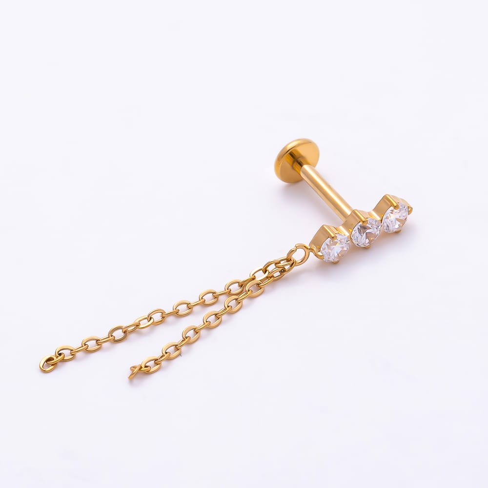 Titanium 32mm Clear CZ Round Triple Double Cable Chain Drop Cartilage Piercing Flat Back Stud | BJ-00281
