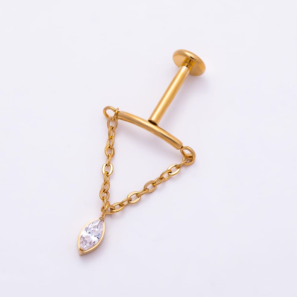 Titanium 18mm Marquise CZ Curved Chain Drop Cartilage Piercing Flat Back Stud | BJ-00282